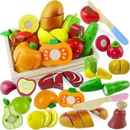 Produktbild: Beberolen Kinderküche Spielküche Zubehör aus Holz I Holzspielzeug Küchenspielzeug Schneiden Obst Gemüse Lebensmittel Holz mit Klett-Verbindung für Kinder I Lernspielzeug Rollenspiele Geschenk