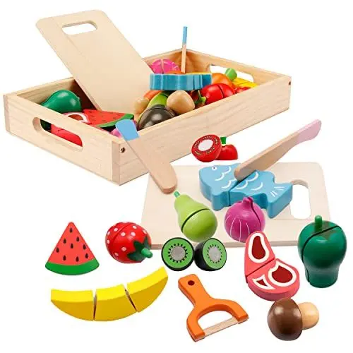 Produktbild: Dilpeak Spielküche Zubehör, Kinderküche Zubehör Holz, Küche Kinder Holzspielzeug, Obst Gemüse und Fleisch Kochsimulation Lernspielzeug für 3+ Jährige Jungen und Mädchen