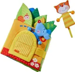 Produktbild: HABA 304129 - Blätterhäuschen, Stoffbuch ab 10 Monaten mit Reimen und vielen Spielelementen, inklusive Katze und Maus als Fingerfiguren, als Babygeschenk