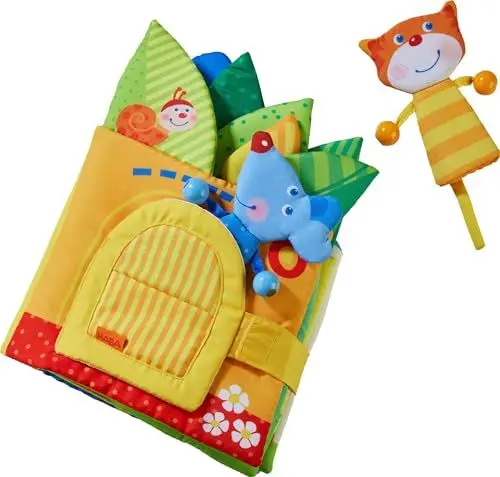 Produktbild: HABA 304129 - Blätterhäuschen, Stoffbuch ab 10 Monaten mit Reimen und vielen Spielelementen, inklusive Katze und Maus als Fingerfiguren, als Babygeschenk