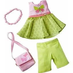Produktbild: HABA 304253 - Kleiderset Schmetterling, Set aus Kleid, Hose, Handtasche und Haarband, Puppenzubehör für alle 30 cm großen HABA-Puppen, ab 18 Monaten
