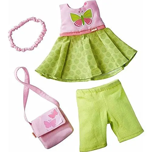 Produktbild: HABA 304253 - Kleiderset Schmetterling, Set aus Kleid, Hose, Handtasche und Haarband, Puppenzubehör für alle 30 cm großen HABA-Puppen, ab 18 Monaten