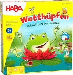 Produktbild: HABA 305272 - Wetthüpfen, Würfelspiel für Kinder von 3 bis 7 Jahren mit unterschiedlichen Spielvarianten, Spielmaterial aus stabiler Pappe und Holz, Spiel ab 3 Jahren