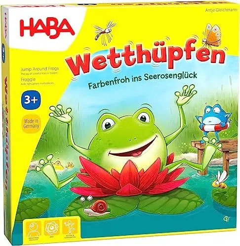 Produktbild: HABA 305272 - Wetthüpfen, Würfelspiel für Kinder von 3 bis 7 Jahren mit unterschiedlichen Spielvarianten, Spielmaterial aus stabiler Pappe und Holz, Spiel ab 3 Jahren