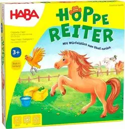 Produktbild: HABA 4321 - Hoppe Reiter Pferdestarkes Wettlaufspiel, für 2-4 Spieler von 3-12 Jahren, Spielbar in 3 Varianten, Brettspiel mit einfachen Spielregeln