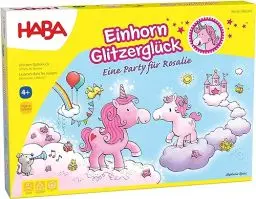 Produktbild: Haba 302767 Einhorn Glitzerglück - eine Party für Rosalie, bezauberndes kooperatives Lauf- und Sammelspiel für 2 - 4 Spieler von 4 - 99 Jahren, mit einfachen Regeln für schnellen Spielspaß