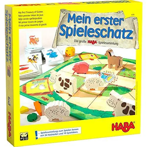 Produktbild: Haba 4278 - Mein erster Spieleschatz Die große Haba-Spielesammlung, 10 unterhaltsame Brett-, Memo- und Kartenspiele ab 3 Jahren in einer Packung, Kindgerechtes Spielmaterial aus Holz