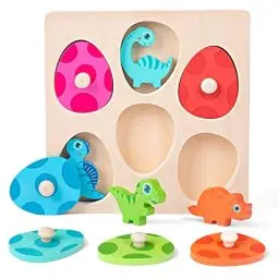 Produktbild: Holzpuzzle ab 1 Jahr | Baby Montessori Holzspielzeug Dino Eier für 12-36 Monate Mädchen und Jungen | Kinder Greifpuzzle Motorikspielzeug Sortierspiel Geburztag Weihnacht Ostern Geschenk (Dino & Eier)