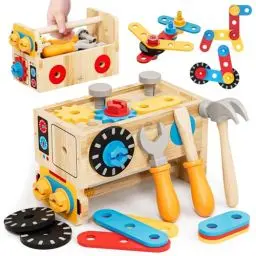 Produktbild: Lehoo Castle Werkzeugkoffer Kinder Werkbank Kinderspielzeug ab 2 Jahre, 29 Stück Kinderwerkzeug Montessori Holzspielzeug, Geschenk Junge Mädchen Werkzeug Motorik Lernspiele 2 3 4 Jahre