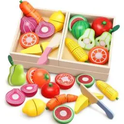 Produktbild: Pourbibi Kinderküche Spielküche Zubehör ab 1 Jahr, Kinder Holzspielzeug, Schneiden Obst Gemüse Lebensmittel Holz, mit 16 DIY Aufkleber, Weihnachten Bithday Geschenke Party Supplies