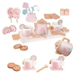 Produktbild: Smartwo Teeservice Holz Kinderküche, Tee Set für Spielküche, Küchenzubehör Holzspielzeug, Teeparty Rollenspiele Geschirr, Geschenk für Mädchen Kleinkinder ab 3 Jahre, Rosa, 23 Teilig