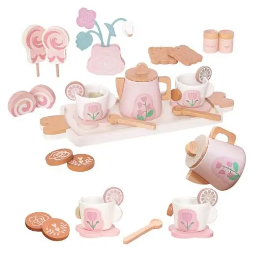 Produktbild: Smartwo Teeservice Holz Kinderküche, Tee Set für Spielküche, Küchenzubehör Holzspielzeug, Teeparty Rollenspiele Geschirr, Geschenk für Mädchen Kleinkinder ab 3 Jahre, Rosa, 23 Teilig