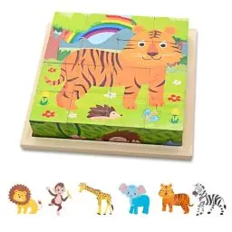 Produktbild: Würfelpuzzle Holz, 6 in 1 Tier-Motive Holzpuzzle Montessori Spielzeug, mit 16 Würfel Holzspielzeug für Kinder ab 3 4 5 Jahren, 3D Bilderwürfel Puzzlespiele Geschenk für Jungen und Mädchen, 16 x 16cm