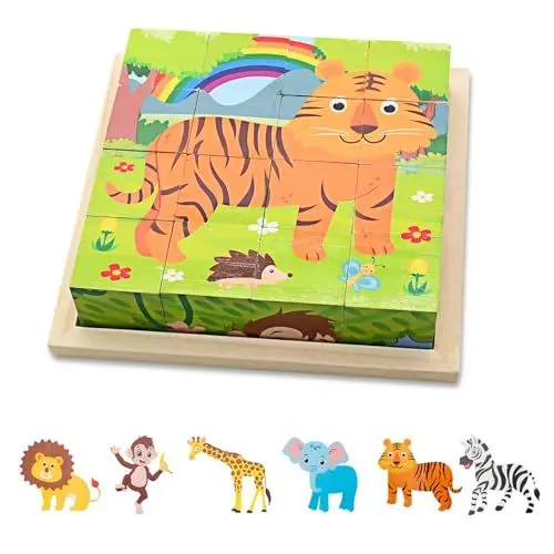 Produktbild: Würfelpuzzle Holz, 6 in 1 Tier-Motive Holzpuzzle Montessori Spielzeug, mit 16 Würfel Holzspielzeug für Kinder ab 3 4 5 Jahren, 3D Bilderwürfel Puzzlespiele Geschenk für Jungen und Mädchen, 16 x 16cm